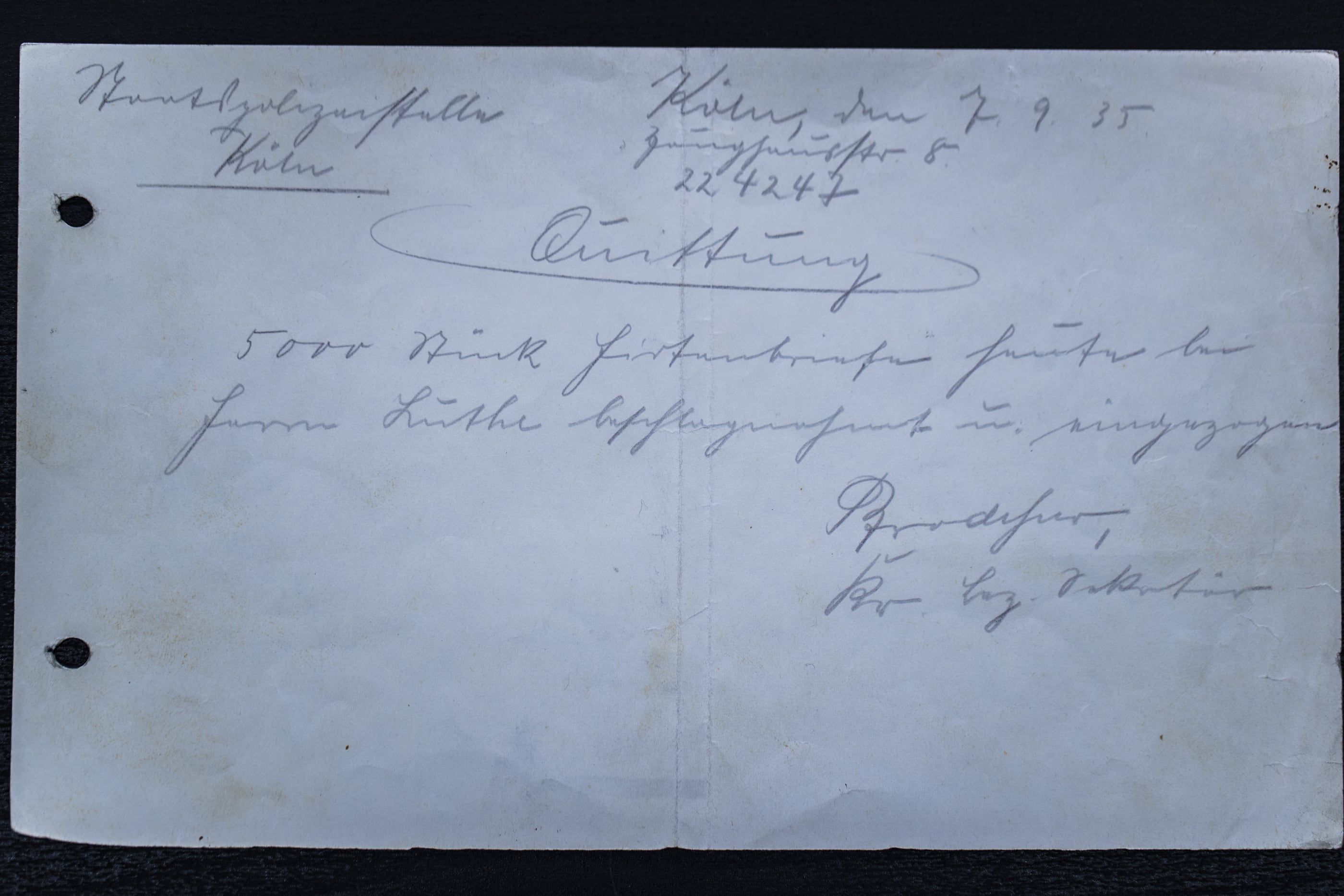 Handschriftliche Quittung der Staatspolizeistelle Köln über 5000 Hirtenbriefe