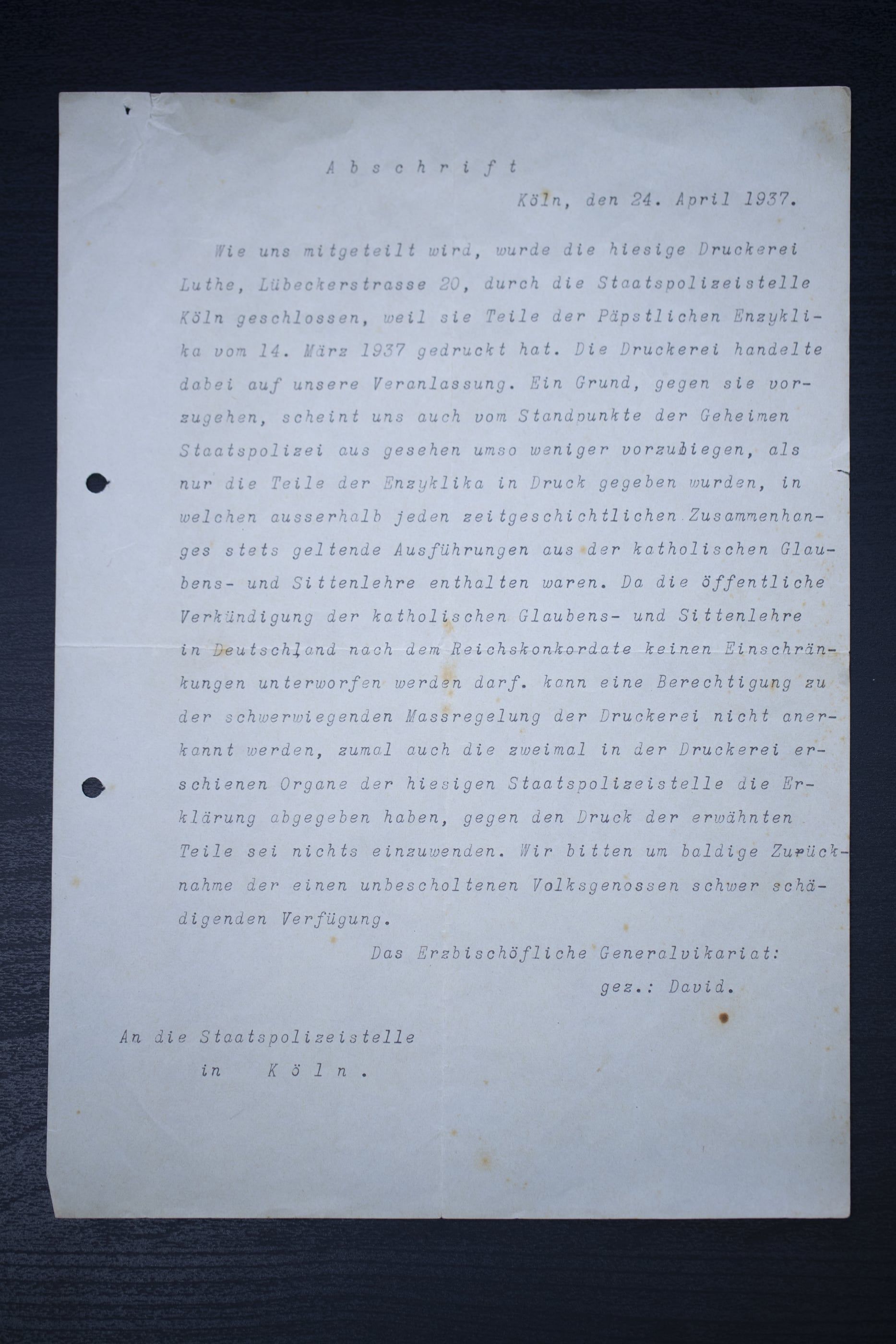 Maschinengeschriebene Abschrift eines Briefes des Erzbischöflichen Generalvikariats an die Staatspolizeistelle Köln