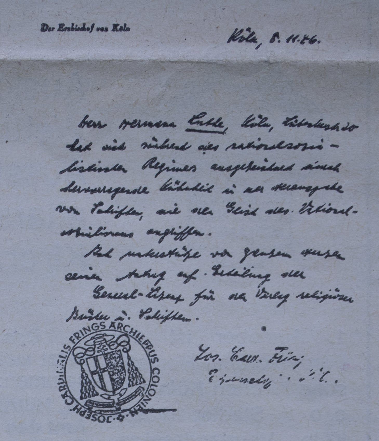 Handschriftliche Bescheinigung von Kardinal Josef Frings mit Wappenstempel des Erzbischofs von Köln